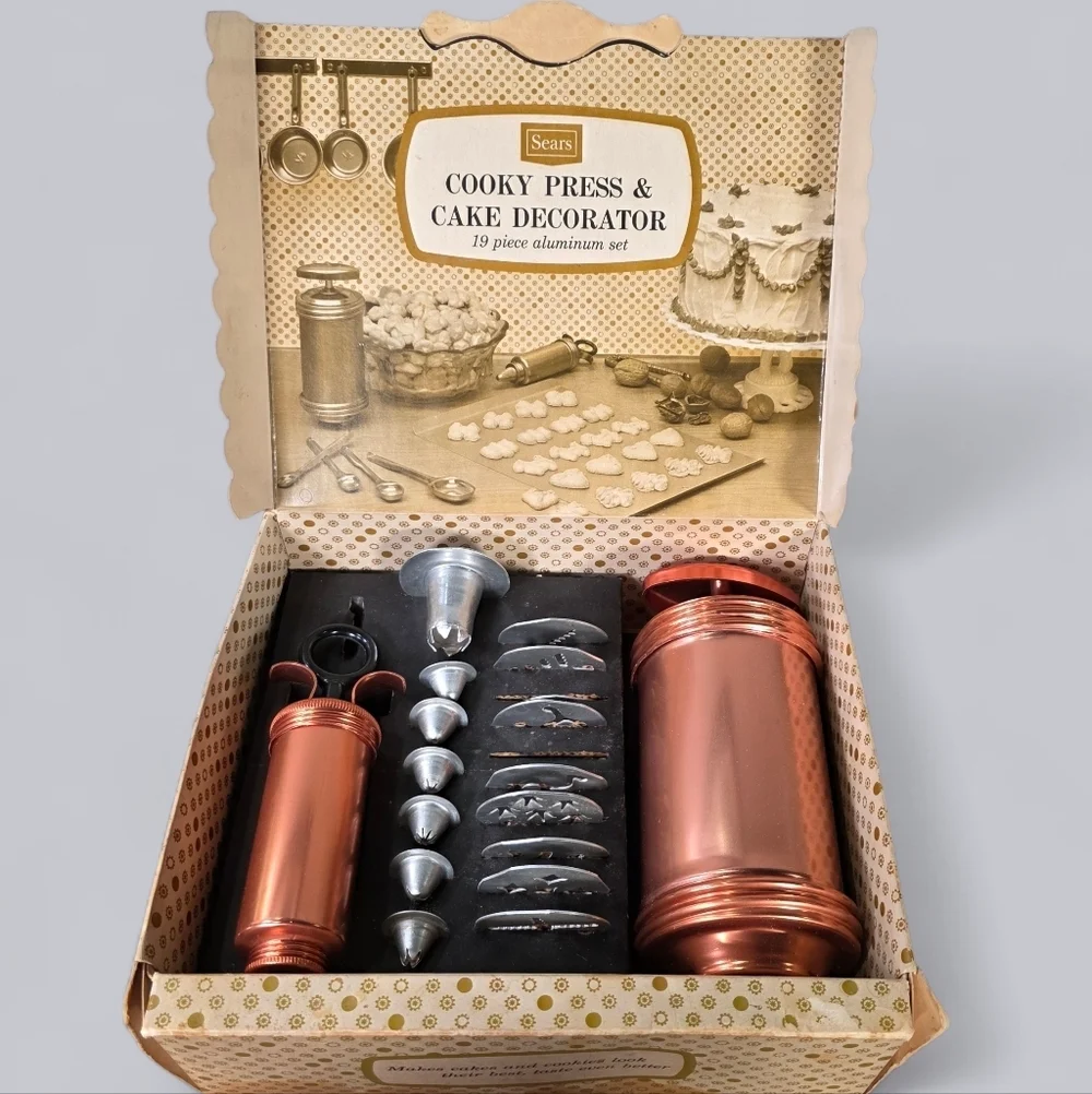 Vintage Sears Cooky Press & Cake Decorator Set Copper and Silver Tone